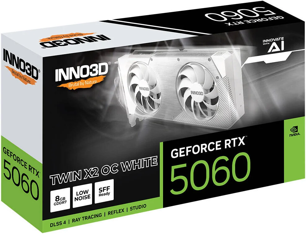 کارت گرافیک Inno3D GeForce RTX 5060 TWIN X2 OC 8GB، حافظه GDDR7 128 بیتی، فرکانس پایه 2280 مگاهرتز، فرکانس حافظه 28 گیگابیت بر ثانیه، 3840 هسته CUDA، PCI Express Gen 5، سفید | N50602-08D7X-195070W
