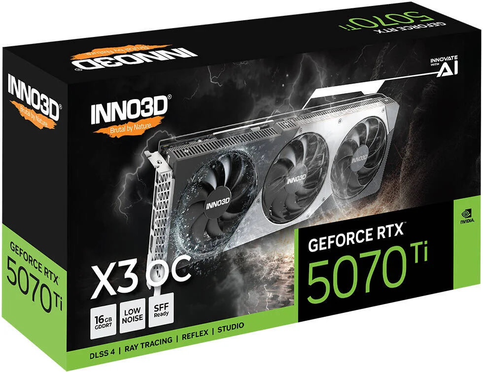 کارت گرافیک Inno3D GeForce RTX 5070 Ti X3 OC با 16 گیگابایت حافظه، GDDR7 256-Bit، فرکانس پایه 2295 مگاهرتز، فرکانس حافظه 28 گیگابیت بر ثانیه، 8960 هسته CUDA، PCI Express Gen 5 | N507T3-16D7X-176068N