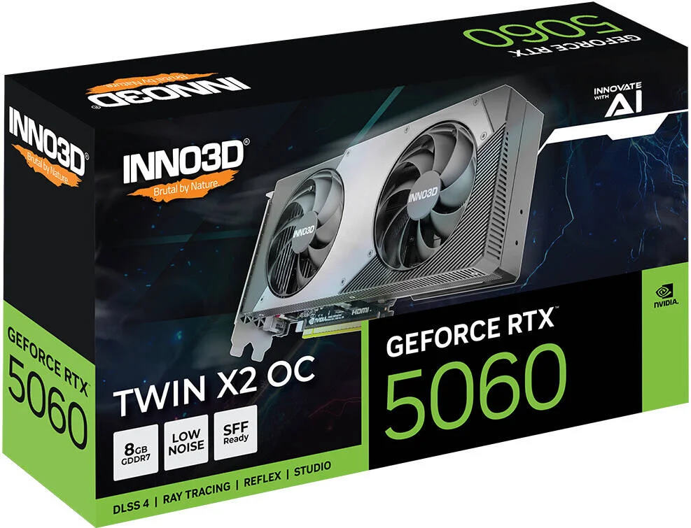 کارت گرافیک Inno3D GeForce RTX 5060 TWIN X2 OC 8GB، حافظه GDDR7 128 بیتی، فرکانس پایه 2280 مگاهرتز، فرکانس حافظه 28 گیگابیت بر ثانیه، 3840 هسته CUDA، PCI Express Gen 5 | N50602-08D7X-195070N