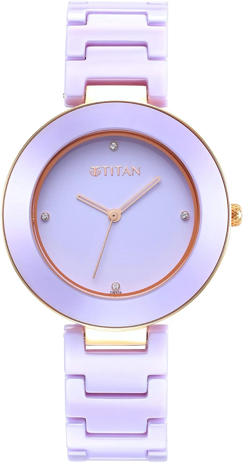 ساعت مچی آنالوگ زنانه تیتان با صفحه بنفش-95189KC06، سرامیک یاسی روشن