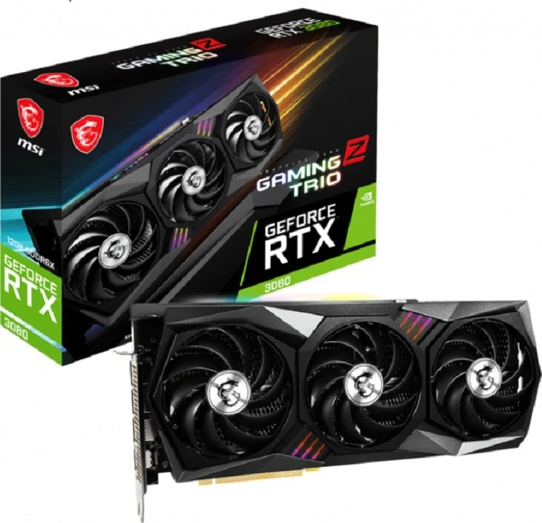 کارت گرافیک ام اس آی GeForce RTX 3080 Gaming Z Trio 12G LHR، حافظه 12 گیگابایت GDDR6X 384 بیتی، 8960 هسته پردازشی، فرکانس افزایشی 1815 مگاهرتز، سرعت 19 گیگابیت بر ثانیه، API 12، رابط PCI Express Gen 4، DP، HDMI | 912-V389-405