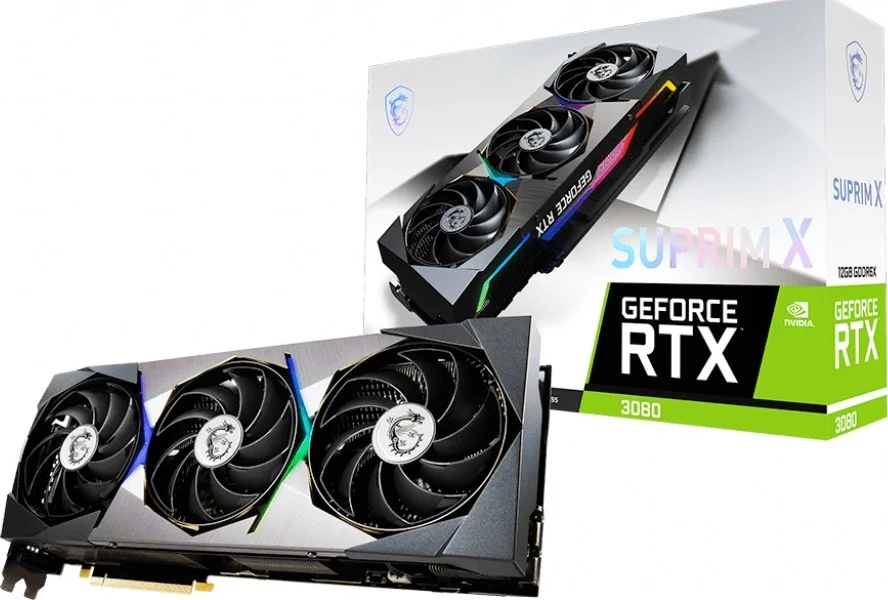 کارت گرافیک MSI GeForce RTX 3080 SUPRIM X 12G LHR، دارای 8960 هسته کودا، 12 گیگابایت حافظه GDDR6X 384 بیتی، 19 گیگابیت بر ثانیه، PCI Express Gen 4، فرکانس هسته 1905 مگاهرتز، Displayport، HDMI | 912-V389-408