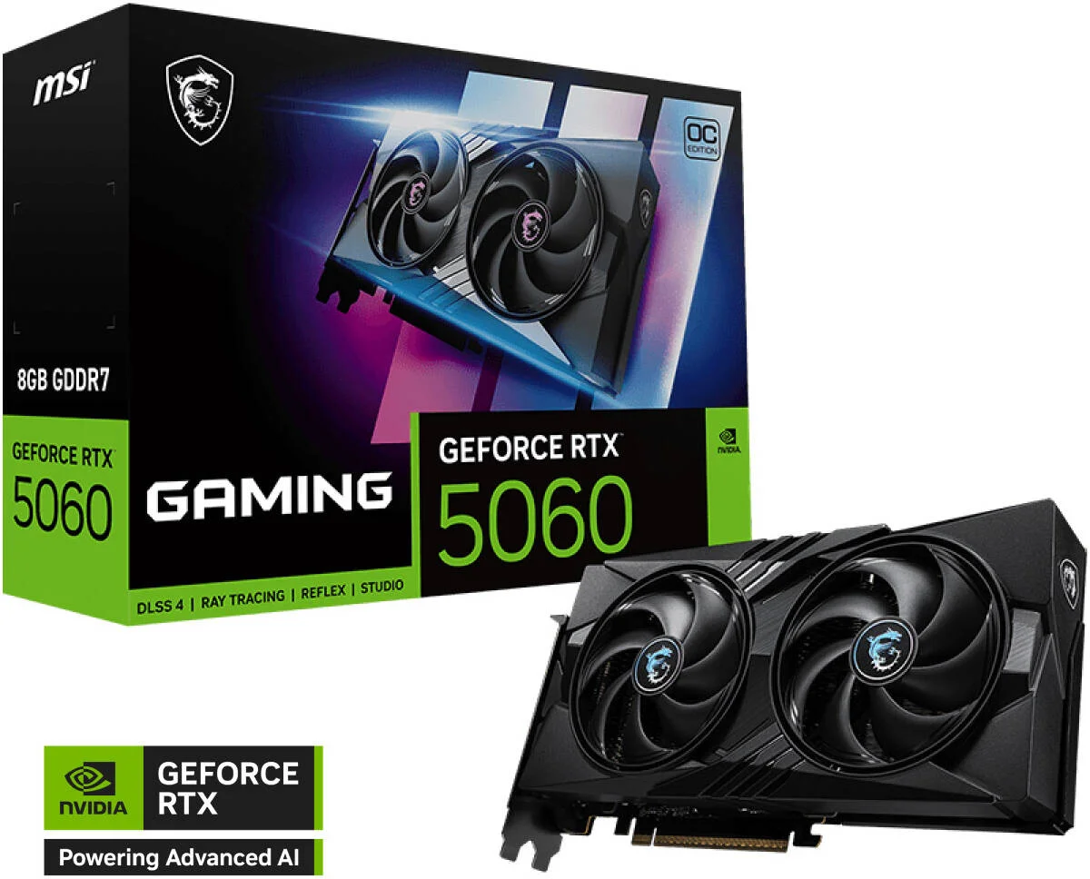 کارت گرافیک MSI GeForce RTX 5060 GAMING OC 8GB، حافظه GDDR7 128 بیتی، فرکانس بوست 2625 مگاهرتز، سرعت حافظه 28 گیگابیت بر ثانیه، 3840 هسته CUDA، PCI Express 5 | 912-V537-023