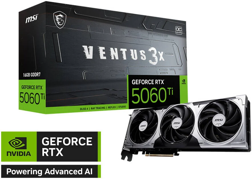 کارت گرافیک MSI GeForce RTX 5060 Ti 16G VENTUS 3X OC، حافظه 16 گیگابایت GDDR7 128 بیتی، فرکانس بوست 2602 مگاهرتز، سرعت حافظه 28 گیگابیت بر ثانیه، 4608 هسته CUDA، PCI Express Gen 5 x16 | 912-V812-078
