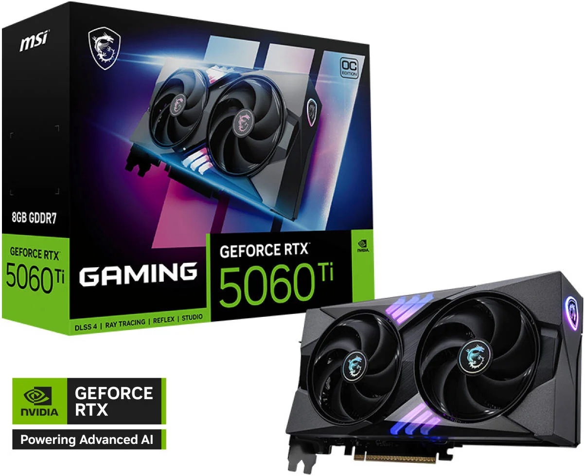 کارت گرافیک MSI GeForce RTX 5060 Ti GAMING OC، حافظه 8 گیگابایت GDDR7 128 بیتی، فرکانس بوست 2647 مگاهرتز، سرعت حافظه 28 گیگابیت بر ثانیه، 4608 هسته CUDA، PCI Express Gen 5 x16 | 912-V536-026