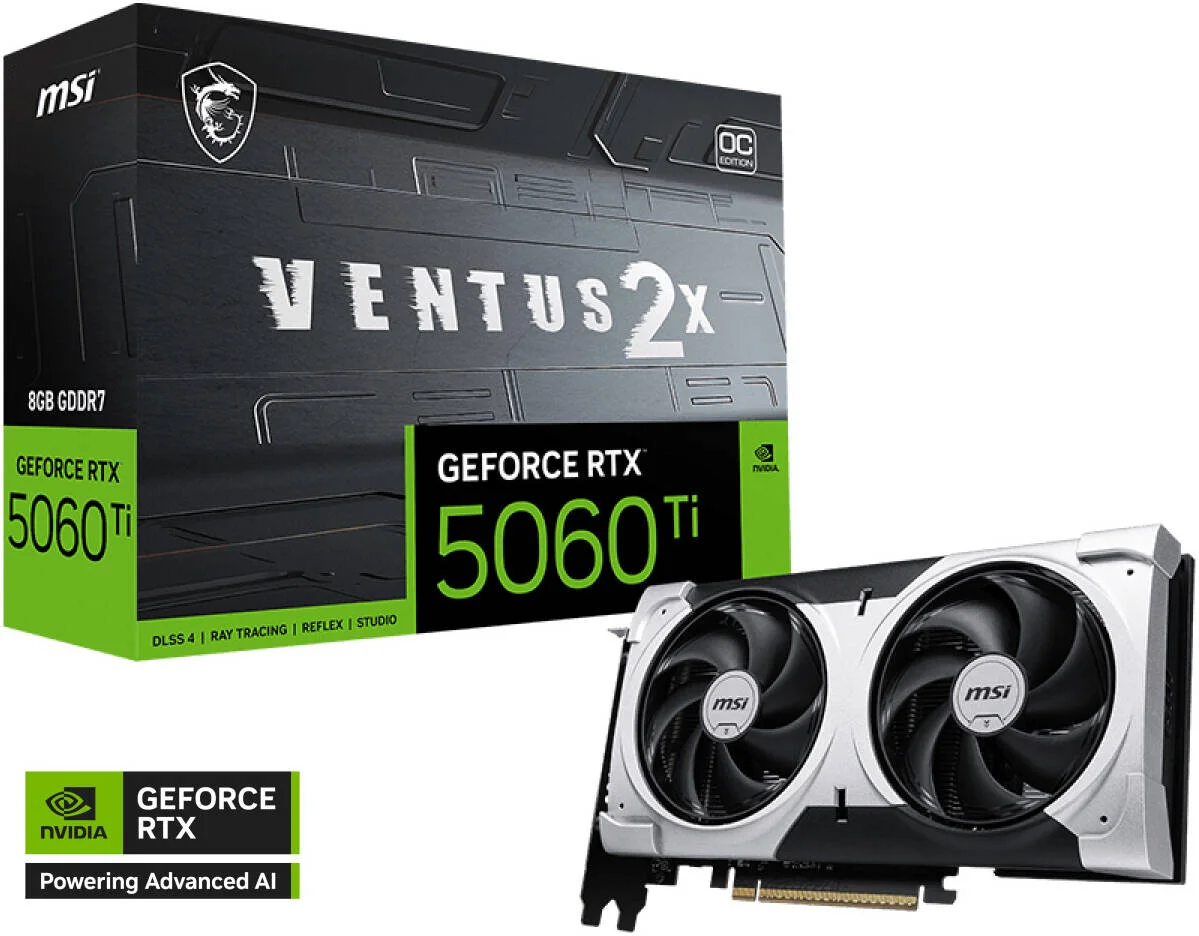 کارت گرافیک MSI GeForce RTX 5060 Ti VENTUS 2X OC PLUS، حافظه 8 گیگابایت GDDR7 128 بیتی، کلاک بوست 2602 مگاهرتز، سرعت حافظه 28 گیگابیت بر ثانیه، 4608 هسته CUDA، PCI Express Gen 5 x16 | 912-V536-024