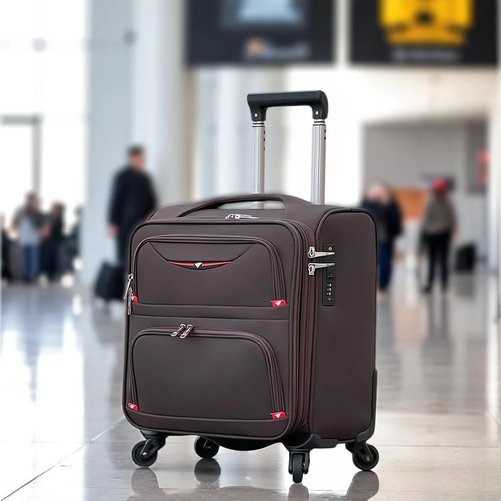 چمدان کابین خلبانی - کیف ترولی 18 اینچی برای سفرهای کاری 2-3 روزه، چمدان نایلونی سبک وزن با 4 چرخ گردان، ظرفیت 10 کیلوگرم (قهوه ای)