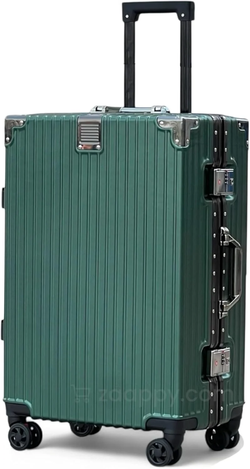 چمدان ترولی مسافرتی سایز کابین 20 اینچی (7-10 کیلوگرم) با فریم آلومینیومی و بدنه پلی کربنات نشکن، دارای چرخ های دوبل 360 درجه (سبز، سایز دستی 20 اینچ)