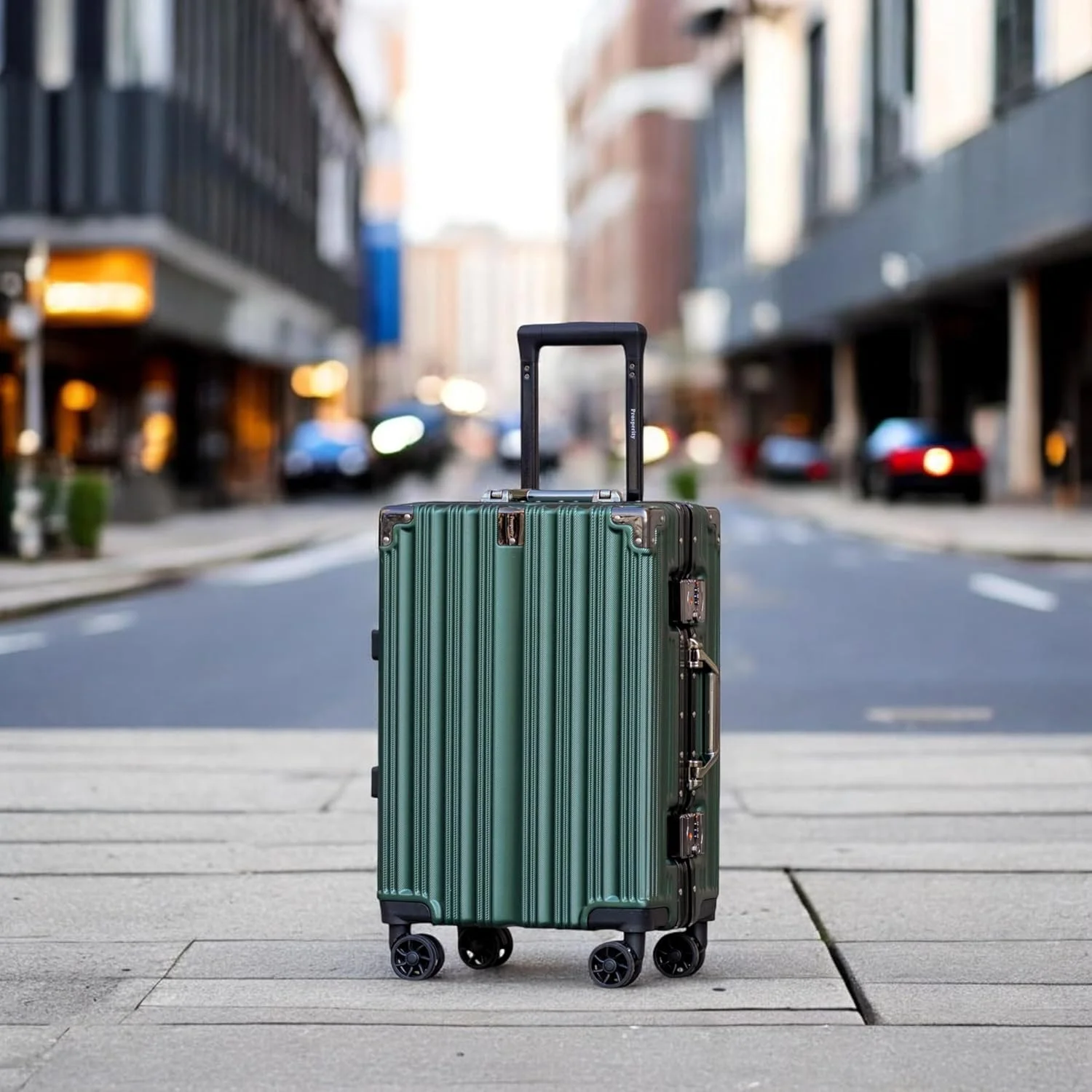 چمدان ترولی مسافرتی سایز کابین 20 اینچی (7-10 کیلوگرم) با فریم آلومینیومی و بدنه پلی کربنات نشکن، دارای چرخ های دوبل 360 درجه (سبز، سایز دستی 20 اینچ)