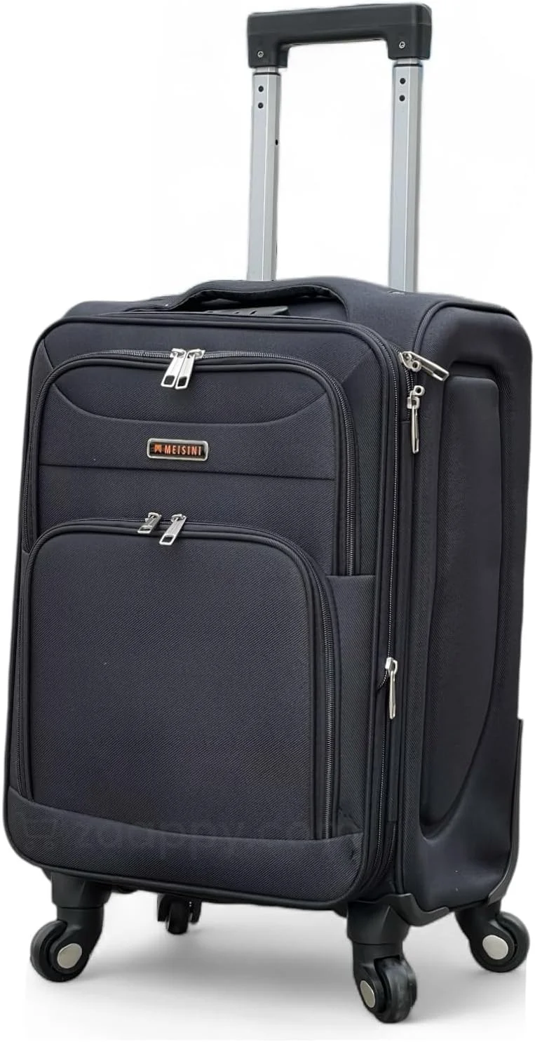 چمدان بدنه نرم، فوق العاده سبک، چمدان کابین سایز قابل افزایش، 4 چرخ روان با قفل ترکیبی (مشکی، سایز کابین - 20 اینچ)
