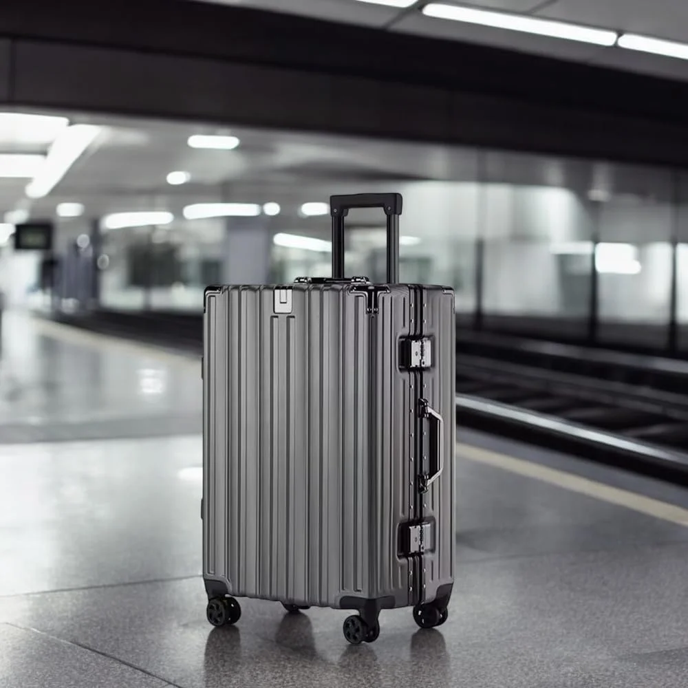 چمدان ترولی مسافرتی سایز کابین 20 اینچی (7-10 کیلوگرم) با فریم آلومینیومی و بدنه پلی کربنات نشکن، دارای چرخ های دوبل 360 درجه (خاکستری، سایز کابین - 20 اینچ)