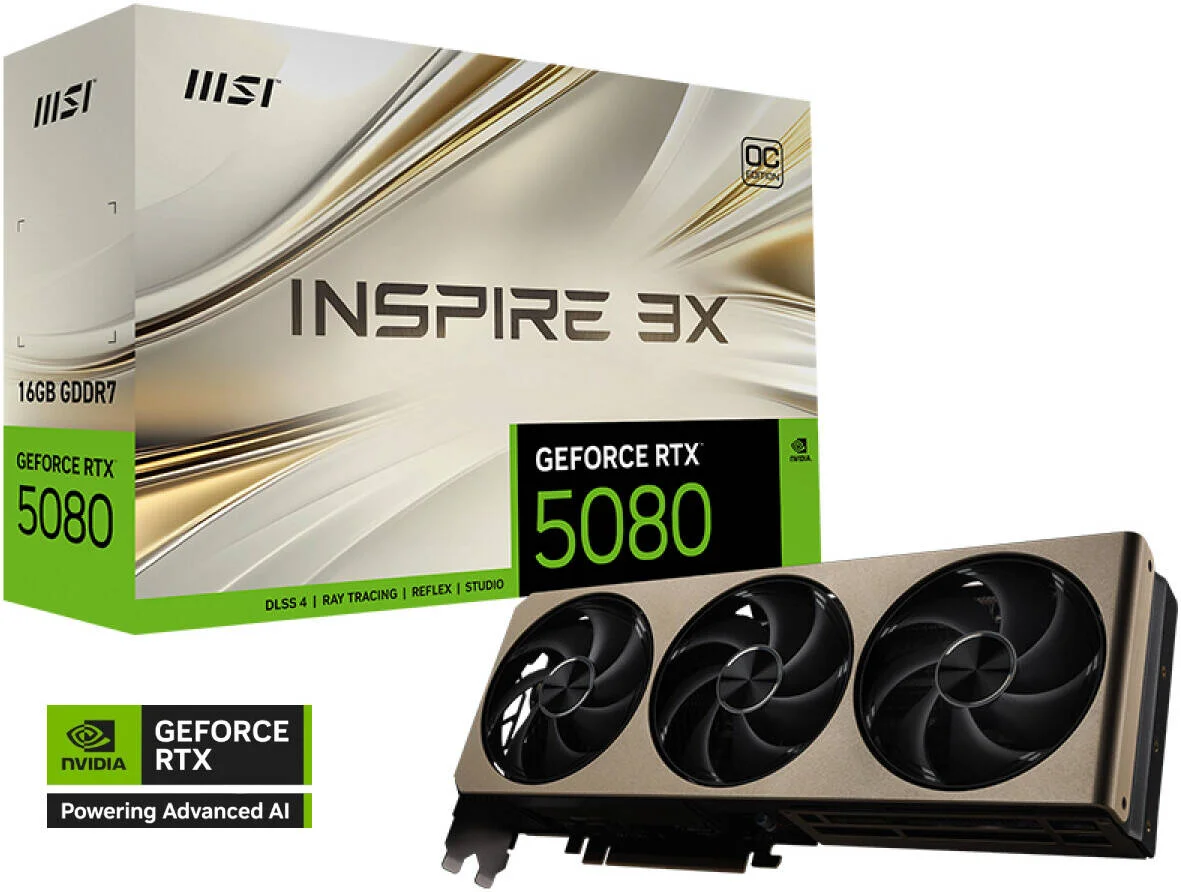 کارت گرافیک MSI GeForce RTX 5080 INSPIRE 3X OC، حافظه 16 گیگابایت GDDR7 256 بیتی، فرکانس بوست 2640 مگاهرتز، 10752 هسته CUDA، سرعت حافظه 30 گیگابیت بر ثانیه، PCI Express Gen 5 | 912-V531-203