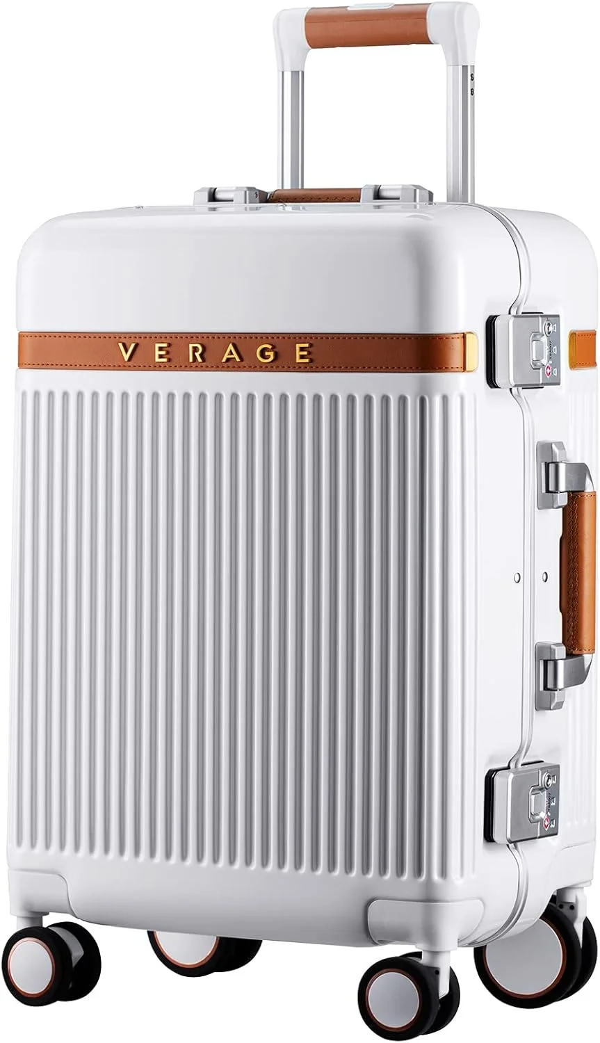 چمدان پلی کربنات Verage Windsor با فریم آلومینیومی، چمدان سخت با چرخ های اسپینر، سفید، سایز کابین 20 اینچ