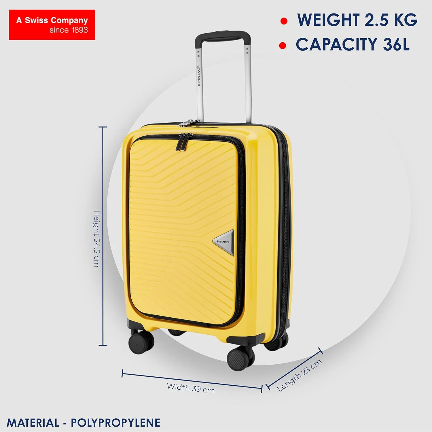 چمدان کابین سایز کوچک و سبک ونگر، 36 لیتر، زرد، 612371، چمدان مسافرتی، طراحی سوئیسی