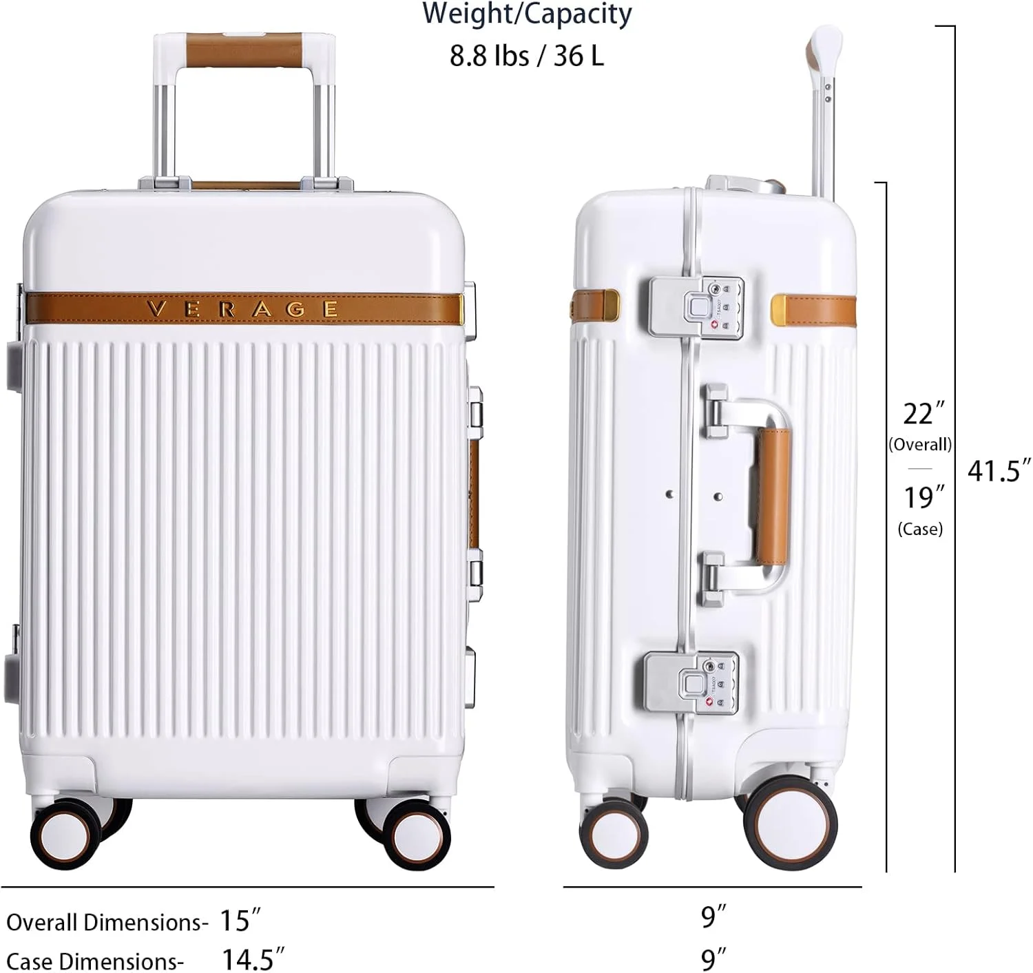 چمدان پلی کربنات Verage Windsor با فریم آلومینیومی، چمدان سخت با چرخ های اسپینر، سفید، سایز کابین 20 اینچ