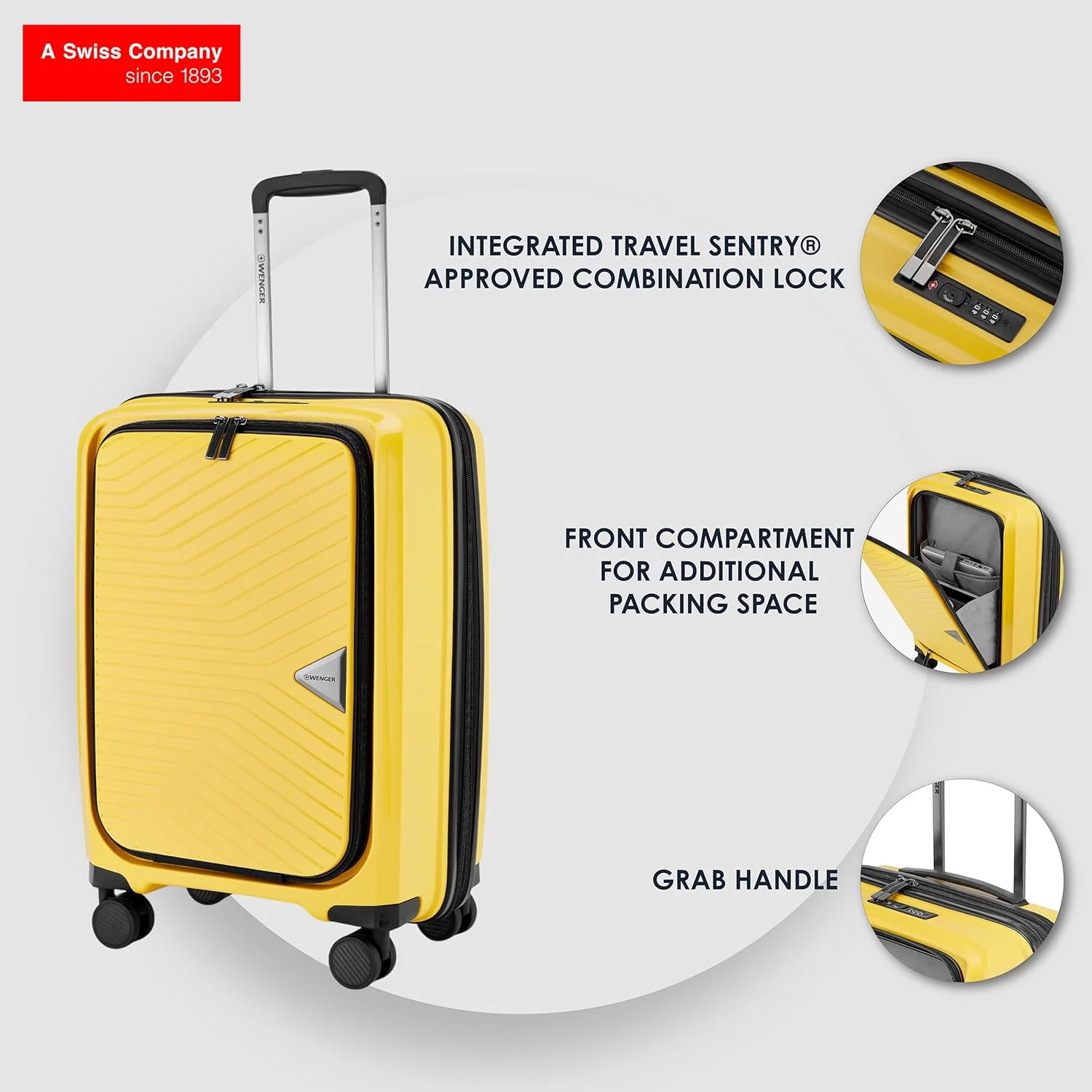 چمدان کابین سایز کوچک و سبک ونگر، 36 لیتر، زرد، 612371، چمدان مسافرتی، طراحی سوئیسی