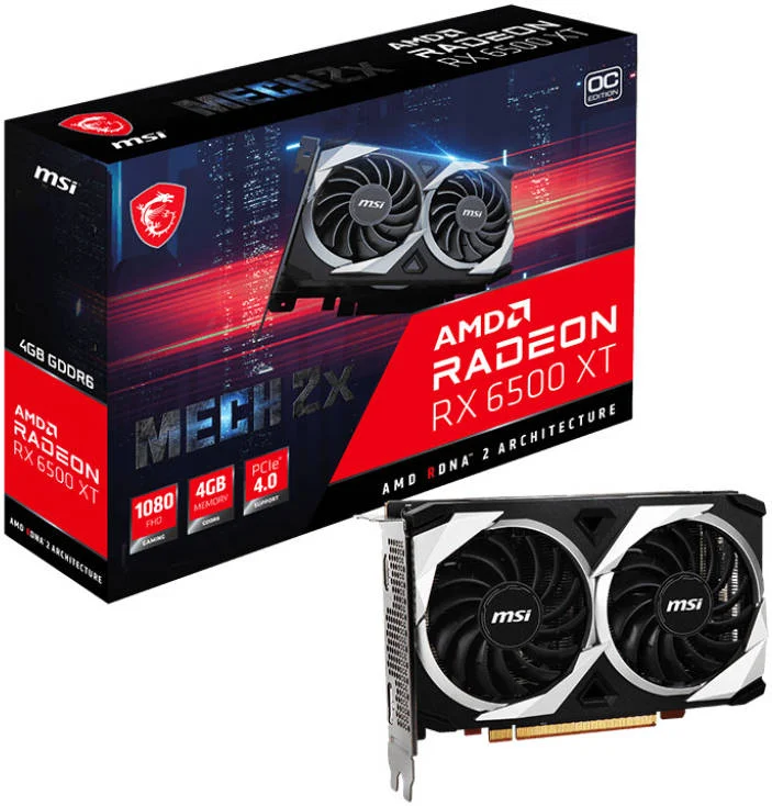 کارت گرافیک MSI Radeon RX 6500 XT MECH 2X OC، حافظه 4 گیگابایت GDDR6 64 بیتی، فرکانس بوست تا 2825 مگاهرتز، سرعت حافظه 18 گیگابیت بر ثانیه، PCI Express 4.0 x4، DisplayPort 1.4a / HDMI 2.1 | 912-V508-005