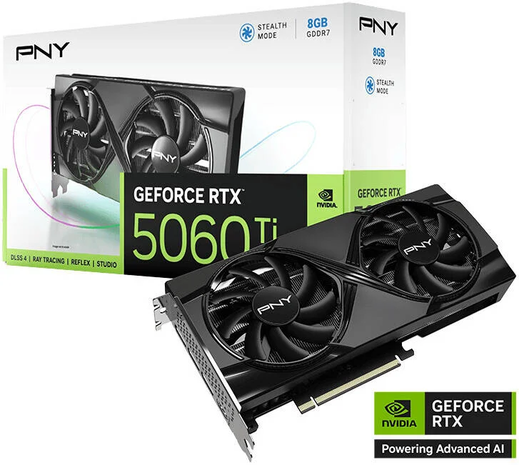 کارت گرافیک PNY GeForce RTX 5060 Ti 8GB با دو فن، حافظه 8GB GDDR7 128-bit، سرعت کلاک 2407MHz، سرعت حافظه 28، هسته های CUDA 4608، 8x PCI-Express 5.0 | VCG5060T8DFXPB1