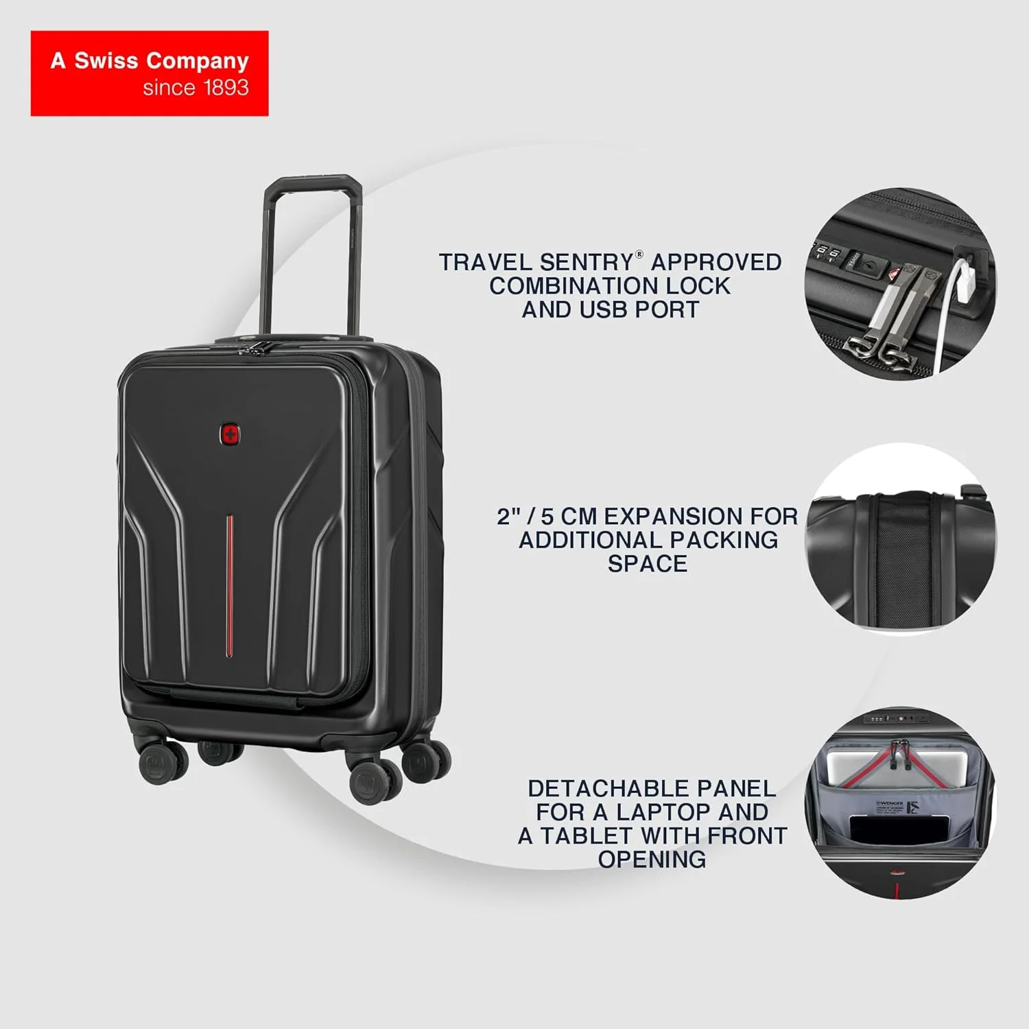 چمدان کابین خلبانی چرخ دار ونگر مدل Amplix با بدنه سخت و قابلیت افزایش حجم - 55 سانتی متر - مشکی - 653323