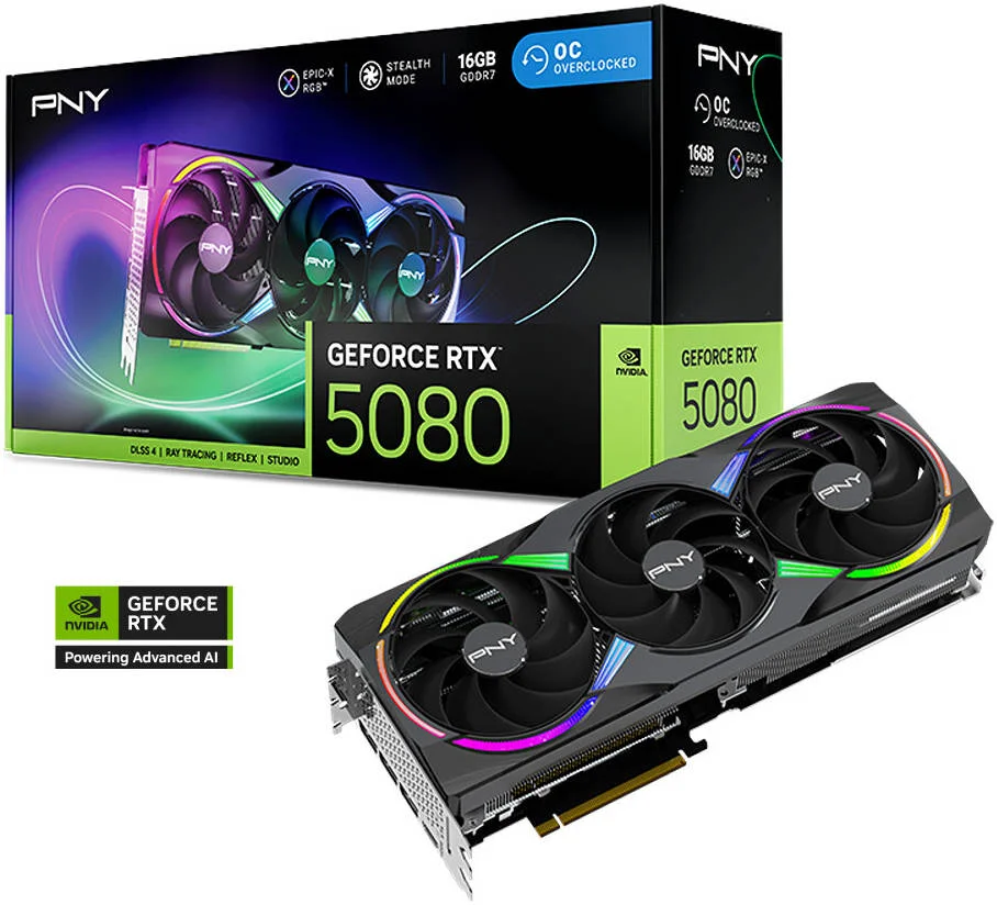 کارت گرافیک PNY GeForce RTX 5080 ARGB EPIC-X RGB OC، حافظه 16 گیگابایت GDDR7 256 بیتی، فرکانس افزایشی 2.78 گیگاهرتز، سرعت حافظه 30 گیگابیت بر ثانیه، 10752 هسته CUDA، PCI-Express 5.0 x16 | VCG508016TFXXPB1-O