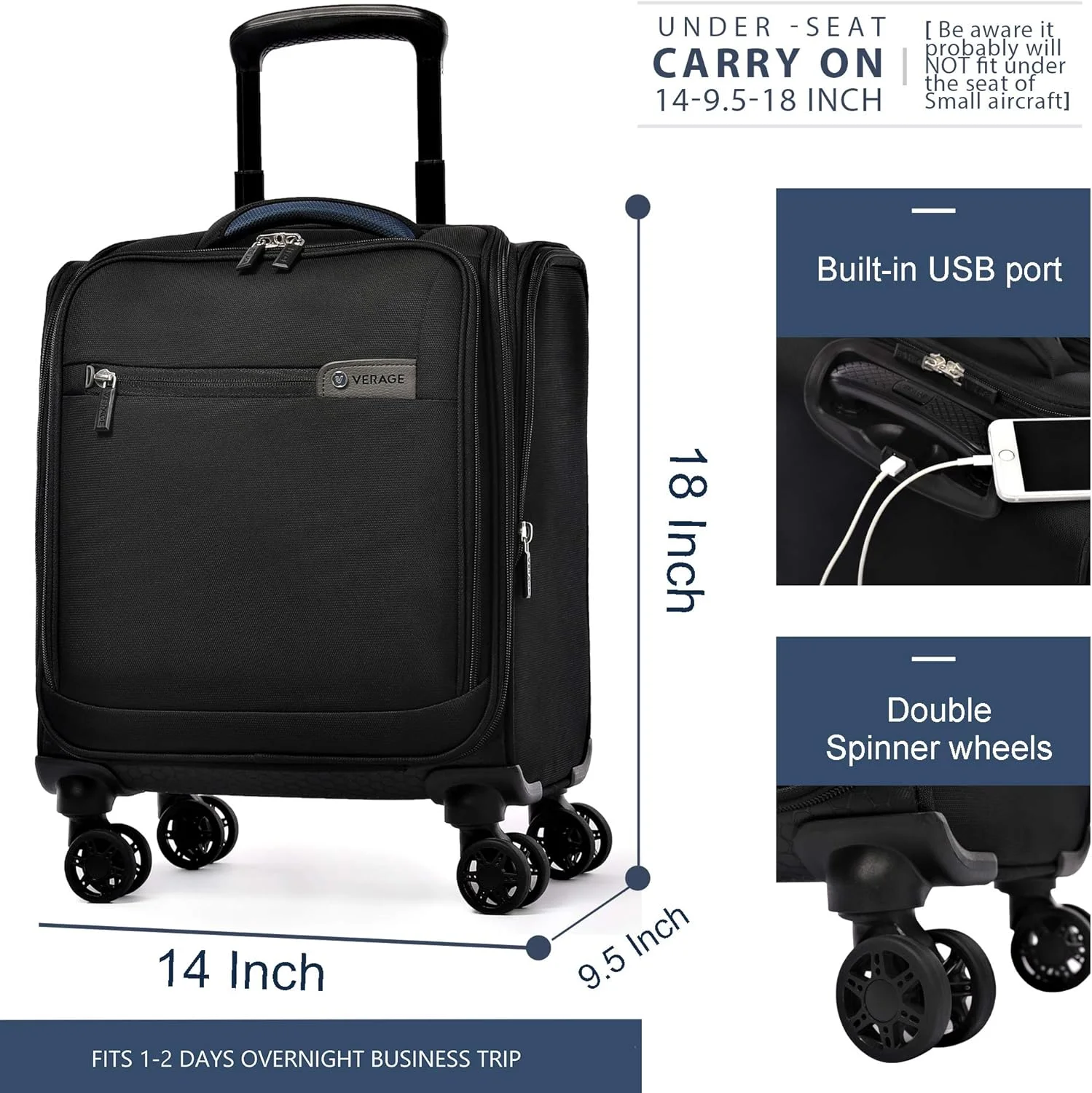چمدان کابین سایز ویریج با پورت USB، چمدان چرخشی زیر صندلی، 14.5 اینچ، کیف نرم تایید شده توسط خطوط هوایی