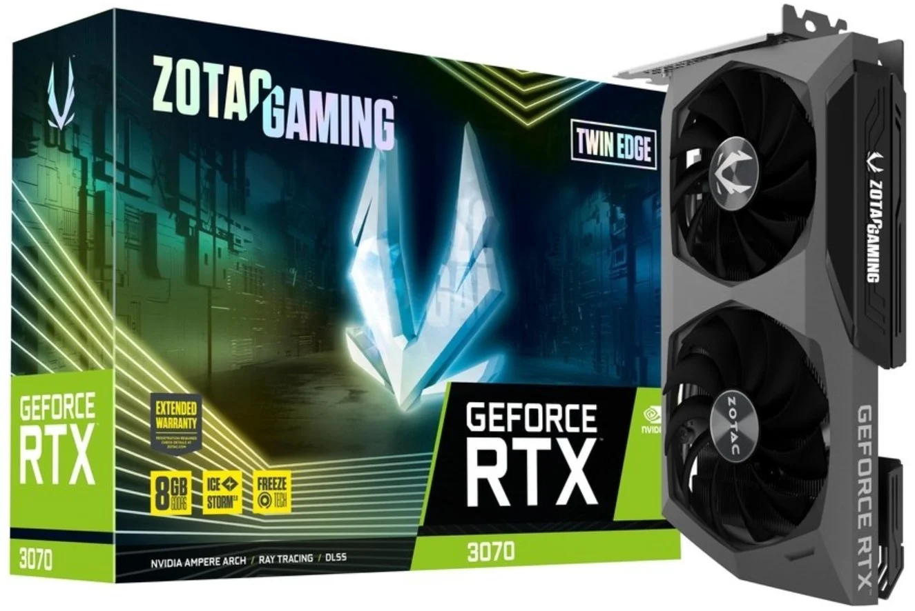 کارت گرافیک Zotac Gaming GeForce RTX 3070 Twin Edge، حافظه 8 گیگابایت DDR6، 256 بیتی، فرکانس هسته 1725 مگاهرتز (تقویت شده) 1725/14000، HDCP، سه DP، HDMI، بسته ویژه - مشکی | ZT-A30700E-10P LHR