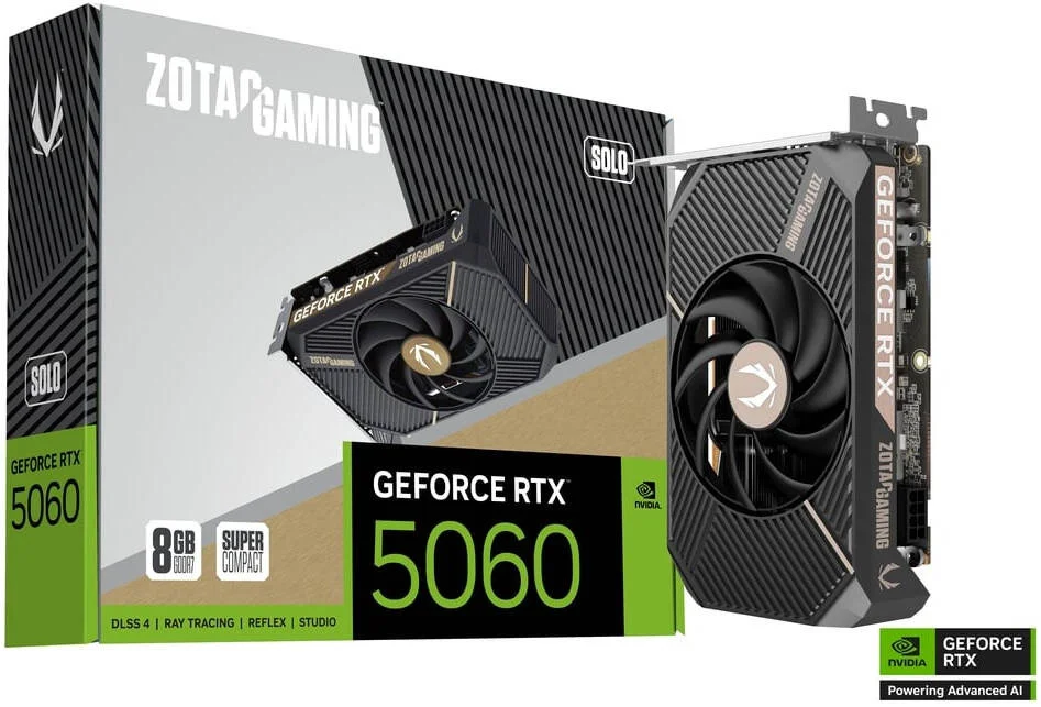 کارت گرافیک ZOTAC GAMING GeForce RTX 5060 SOLO، حافظه 8 گیگابایت GDDR7 128 بیتی، فرکانس هسته 2497 مگاهرتز، فرکانس حافظه 28 گیگابیت بر ثانیه، 3840 هسته CUDA، PCI Express 5.0 x8 | ZT-B50600G-10L
