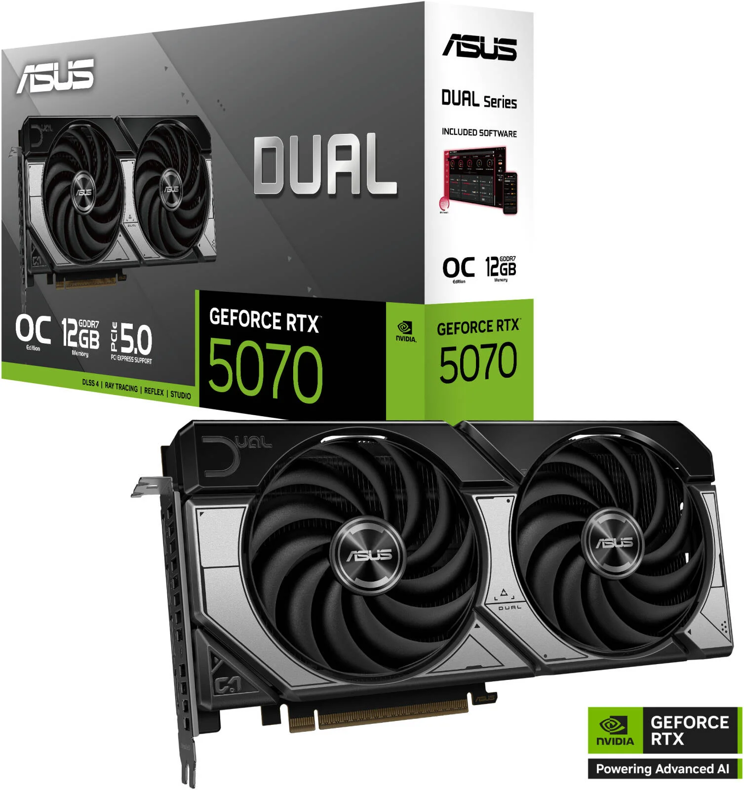 کارت گرافیک ایسوس Dual GeForce RTX 5070 با 12 گیگابایت حافظه GDDR7، رابط 192 بیتی، فرکانس افزایشی 2542 مگاهرتز، 6144 هسته CUDA، سرعت حافظه 28 گیگابیت بر ثانیه، PCI Express 5.0 | 90YV0M17-M0NA00
