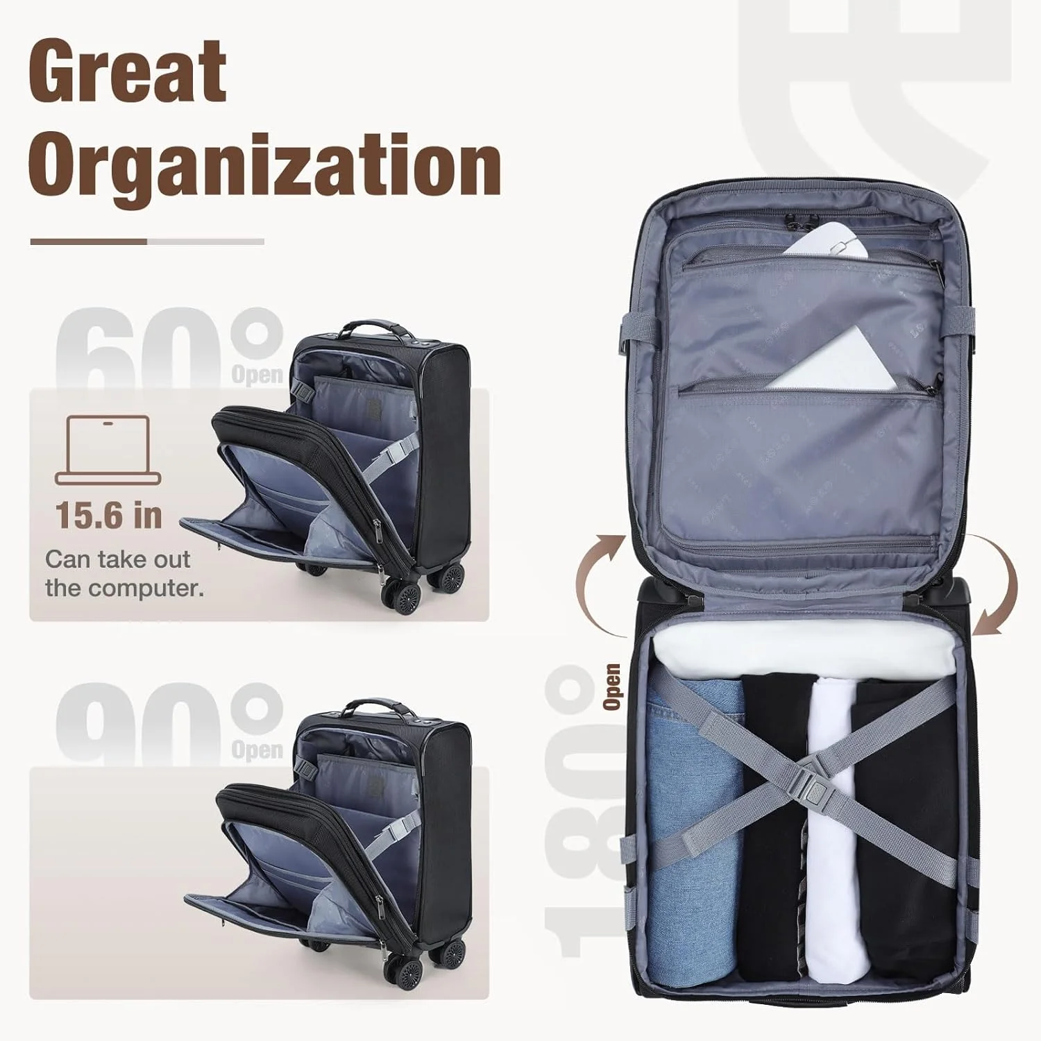چمدان کابین سایز توکومیمو با چرخ، کیف زیر صندلی 16 اینچی قابل افزایش حجم، کیف وسایل شخصی مورد تایید خطوط هوایی برای آقایان و بانوان، مشکی