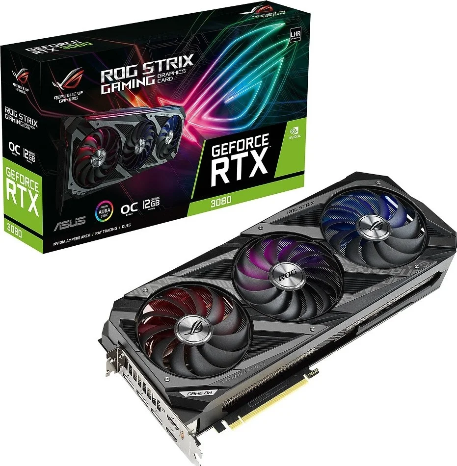 کارت گرافیک ایسوس راگ استریکس GeForce RTX 3080 Gaming OC LHR، حافظه 12 گیگابایتی GDDR6X 384 بیتی، فرکانس بوست 1890 مگاهرتز، 8960 هسته کودا، 19 گیگابیت بر ثانیه، طراحی 2.9 اسلات، PCI Express 4.0، Open GL 4.6 | 90YV0FAC-M0NM00