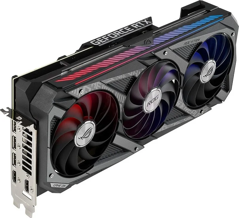 کارت گرافیک ایسوس راگ استریکس GeForce RTX 3080 Gaming OC LHR، حافظه 12 گیگابایتی GDDR6X 384 بیتی، فرکانس بوست 1890 مگاهرتز، 8960 هسته کودا، 19 گیگابیت بر ثانیه، طراحی 2.9 اسلات، PCI Express 4.0، Open GL 4.6 | 90YV0FAC-M0NM00
