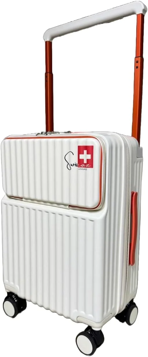 چمدان کابین سایز 20 اینچ SWISSCASE، قفل TSA داخلی، جا لیوانی، پورت USB، چرخ دار، مدل SY0016 سفید