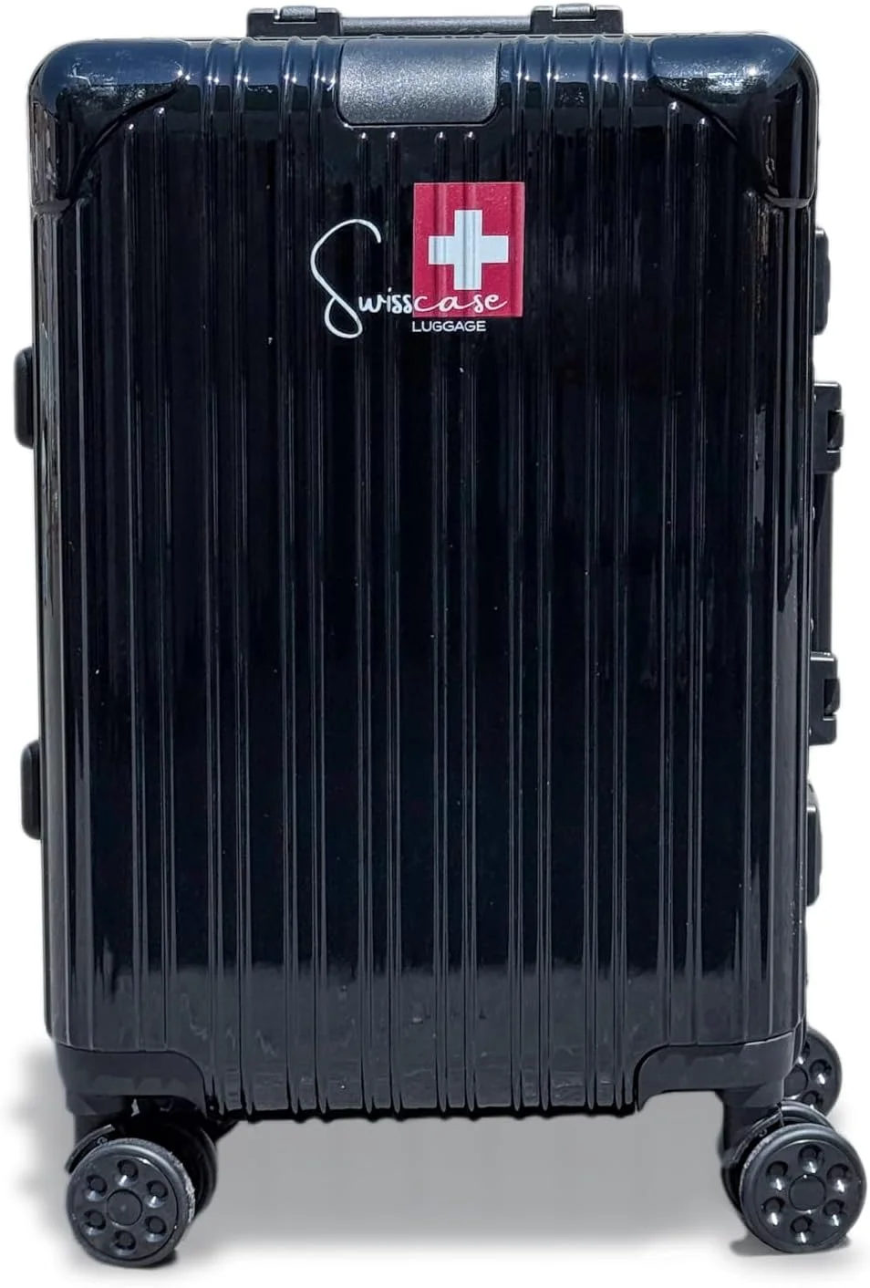 چمدان کابین سایز سوییس کیس مدل E016، سایز 20 اینچ، فریم آلومینیومی، چرخ های دوبل گردان، مشکی