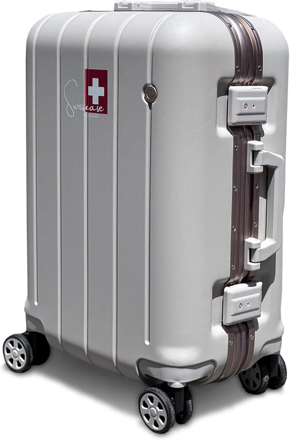 چمدان کابین سایز SWISSCASE V801، سایز 20 اینچ، فریم آلومینیومی، چرخ های دوبل، مدل Disert