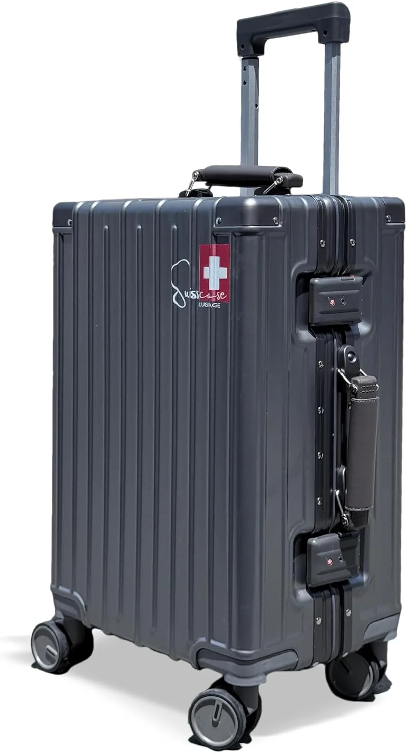 چمدان کابین سایز 20 اینچی ضدآب SWISSCASE با بدنه سخت، چرخ های دوبل، قفل TSA، فریم آلومینیومی و وزن سبک مدل E039، خاکستری تیره