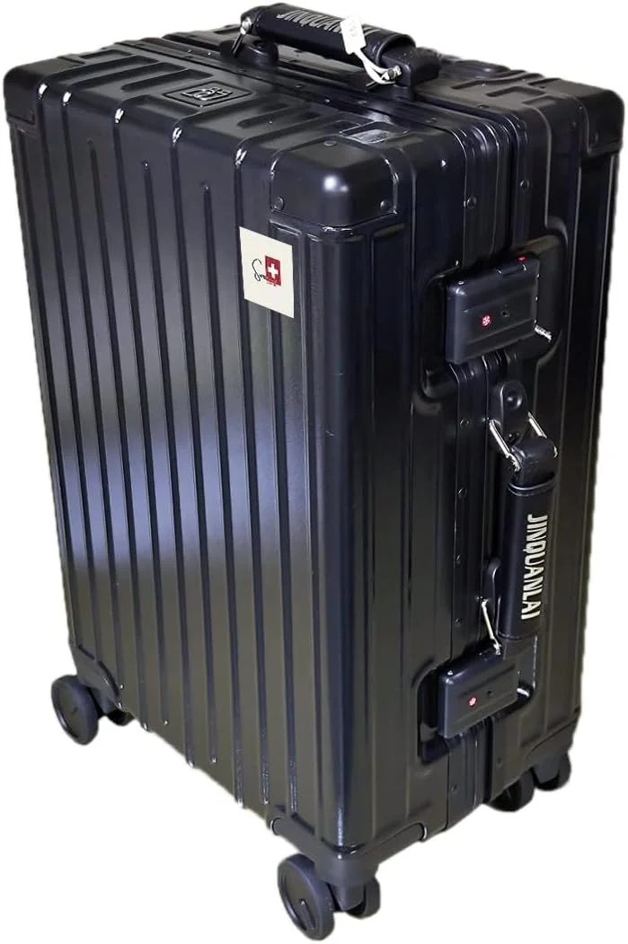 چمدان سخت پوسته ضد آب SWISSCASE، سایز 24 اینچ، چرخ های دوبل اسپینر، قفل TSA، فریم آلومینیومی، سبک وزن، E039 مشکی
