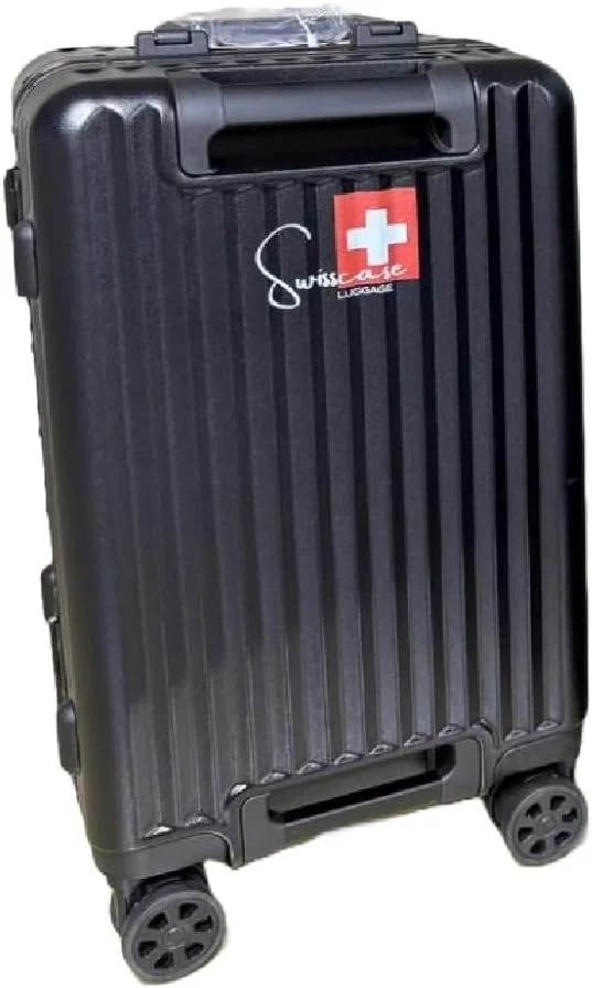 چمدان کابین سایز SWISSCASE، بدنه سخت PC با دسته دو طرفه، 20 اینچ با چرخ های دوبل اسپینر، فریم آلومینیومی، BTL-E045 مشکی