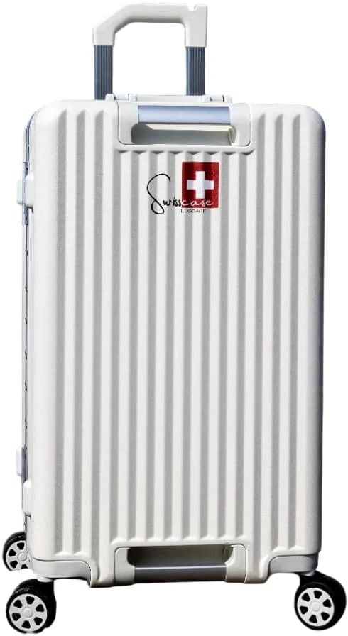 چمدان کابین سایز SWISSCASE، بدنه سخت PC با دسته دو طرفه، 20 اینچ، فریم آلومینیومی، چرخ های دوبل اسپینر، سفید مدل BTL-E045