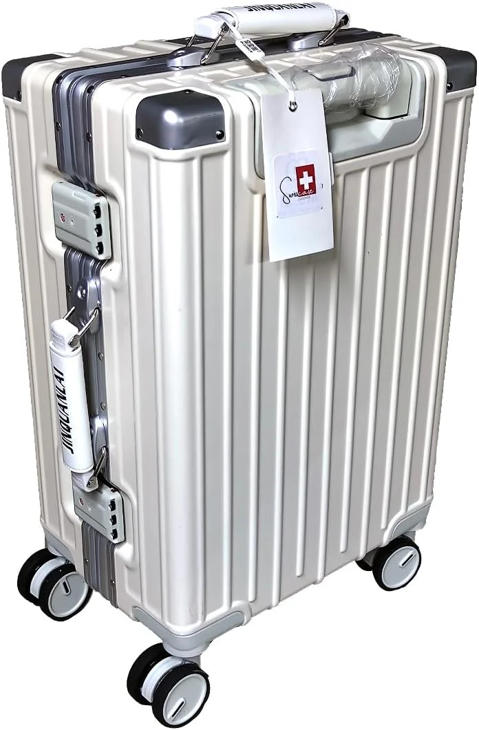 چمدان سخت پوسته ضدآب SWISSCASE، سایز 24 اینچ با چرخ های دوبل اسپینر، قفل TSA، فریم آلومینیومی، سبک وزن E039، سفید