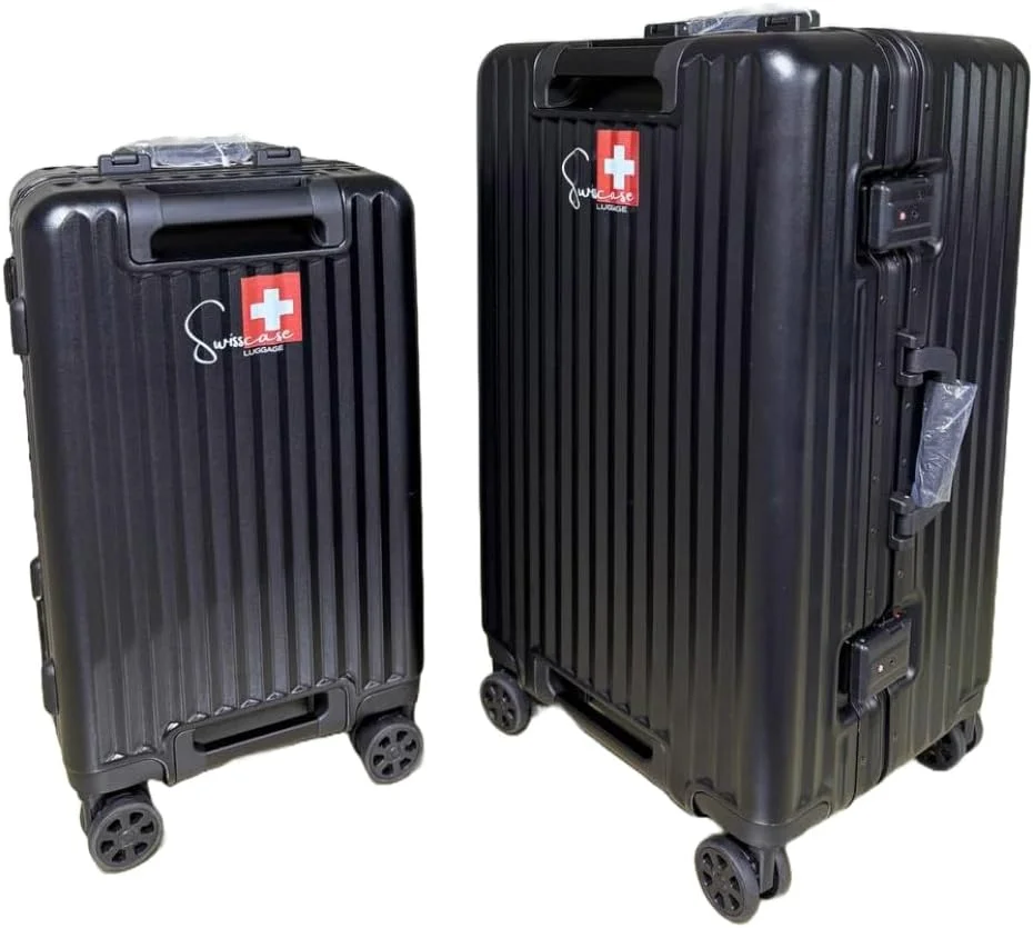 چمدان کابین سایز SWISSCASE، بدنه سخت PC با دسته دو طرفه، 20 اینچ با چرخ های دوبل اسپینر، فریم آلومینیومی، BTL-E045 مشکی