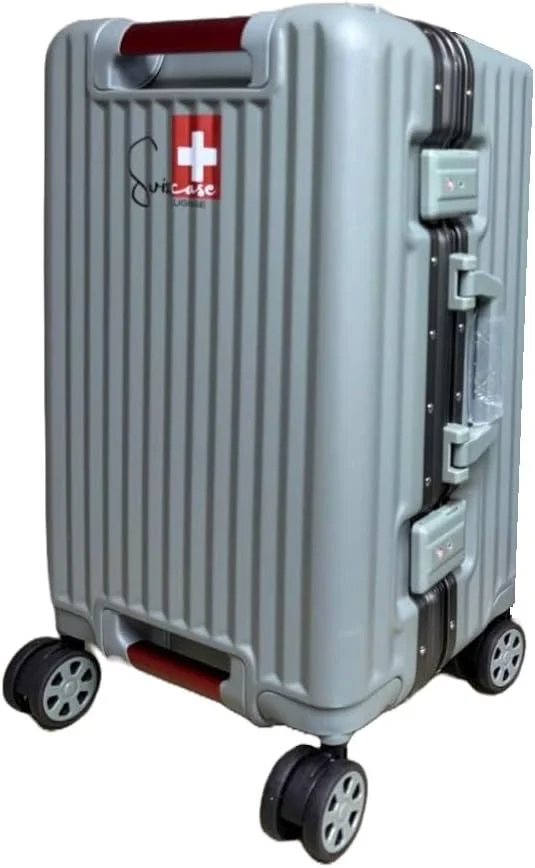 چمدان کابین سایز SWISSCASE، بدنه سخت PC با دسته دو طرفه، 20 اینچ با چرخ های دوبل اسپینر، فریم آلومینیومی، مدل BTL-E045 خاکستری