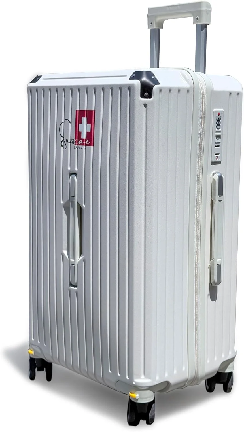 چمدان 28 اینچی هاردشل SWISSCASE، طرح راه راه مینیمال و شیک، جنس PC با چرخ های دوبل اسپینر، سبک وزن، مدل BTL-A001 سفید