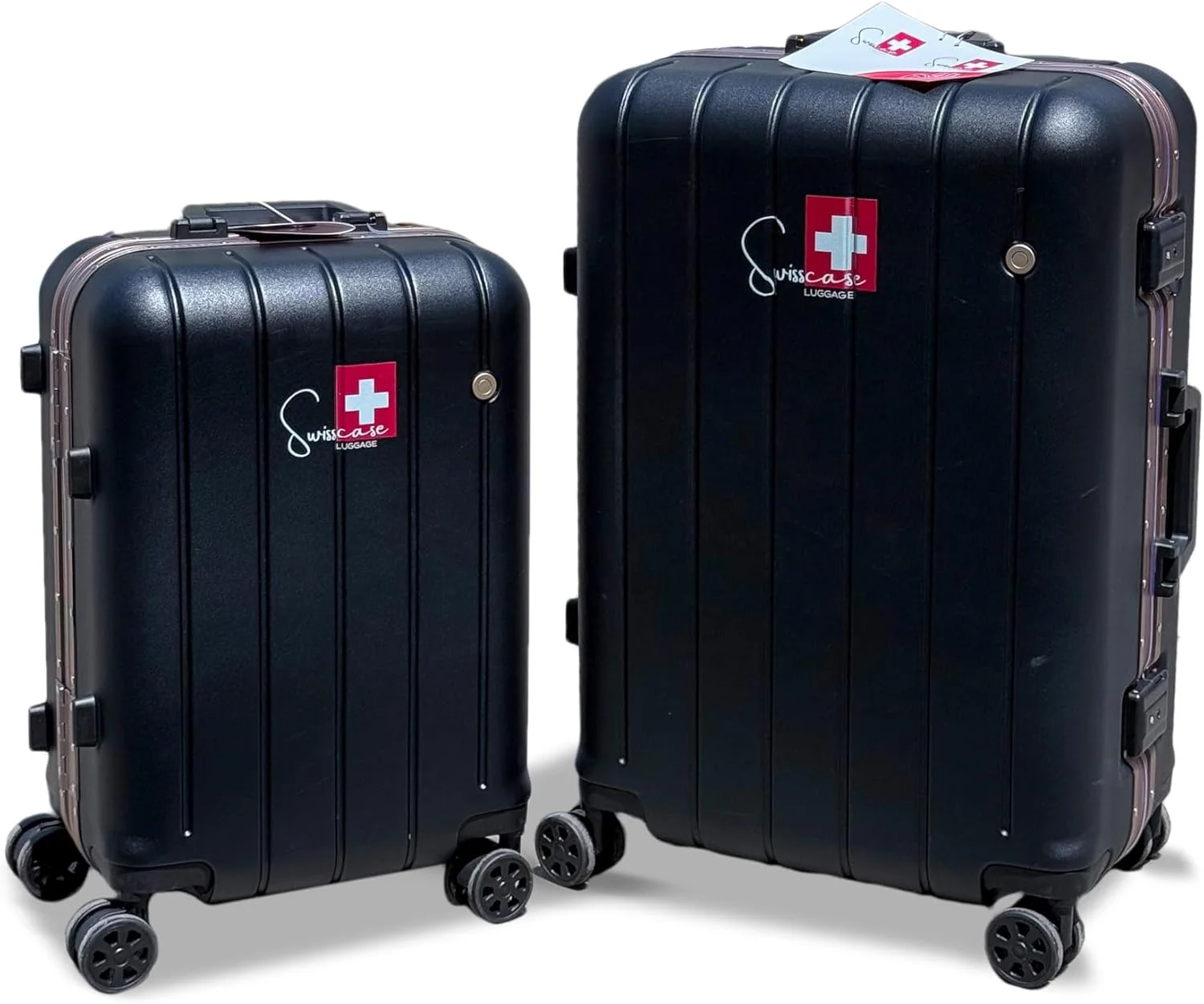 ست چمدان سخت پوسته SWISSCASE، سایز 20 و 24 اینچ، فریم آلومینیومی، چرخ های دوبل گردان، ست سبک وزن V801، مشکی