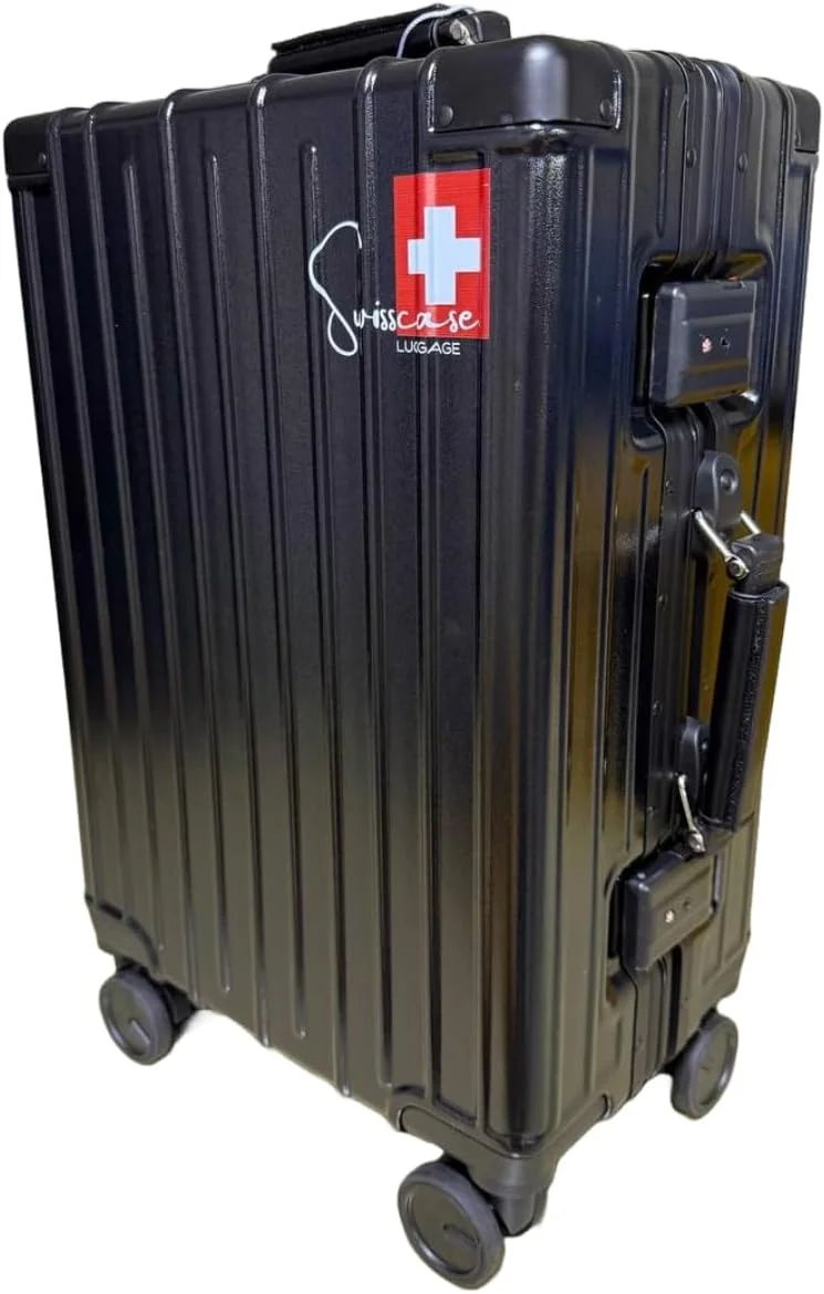 چمدان کابین سایز 20 اینچی ضدآب SWISSCASE با بدنه سخت، چرخ های دوبل اسپینر، قفل TSA، فریم آلومینیومی و وزن سبک مدل E039، مشکی