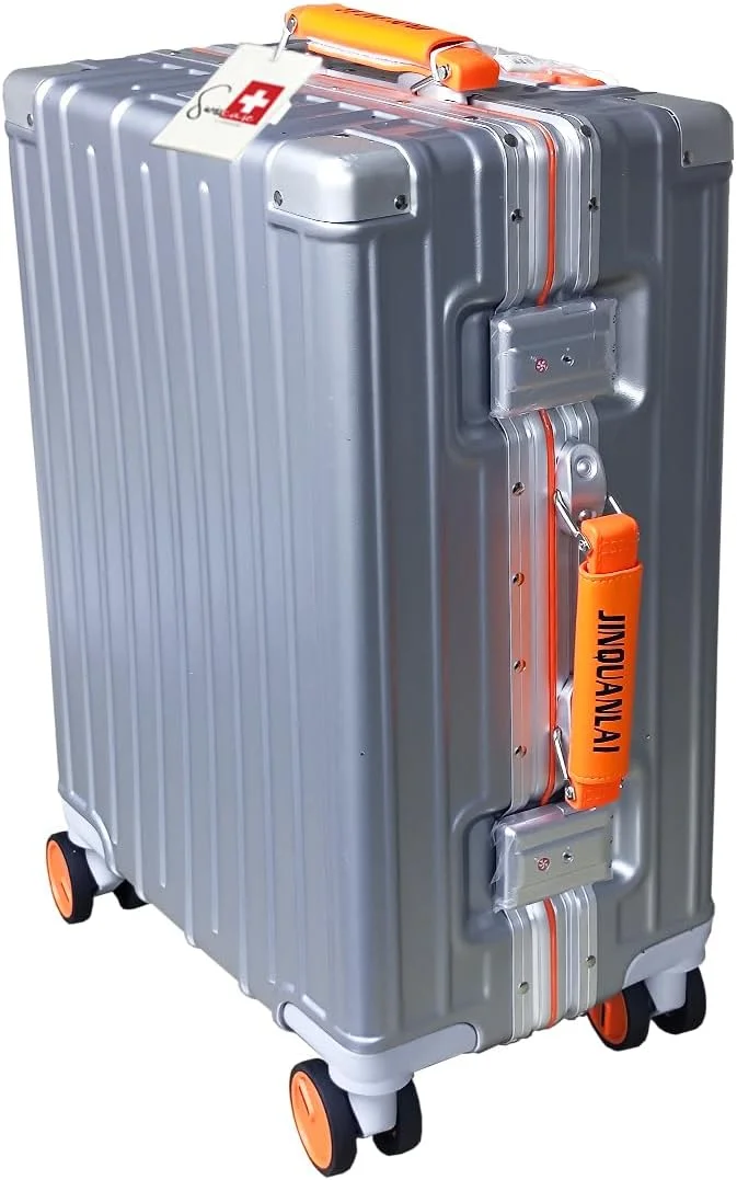 چمدان کابین سایز هاردشل سوییس کیس، 20 اینچ، ضد آب PC، چرخ های دوبل اسپینر، قفل TSA، فریم آلومینیومی، سبک وزن، نقره ای