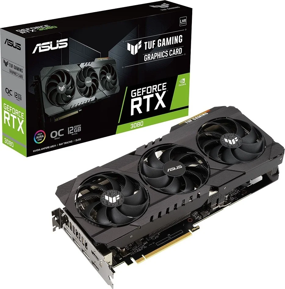 کارت گرافیک ایسوس Tuf GeForce RTX 3080 O12G LHR، دارای 8960 هسته کودا، 12 گیگابایت حافظه GDDR6X 384 بیتی، GPU Tweak II، PCI Express 4.0، فرکانس بوست 1815 مگاهرتز، 19 گیگابیت بر ثانیه، HDMI، DP | 90YV0FB8-M0NM00
