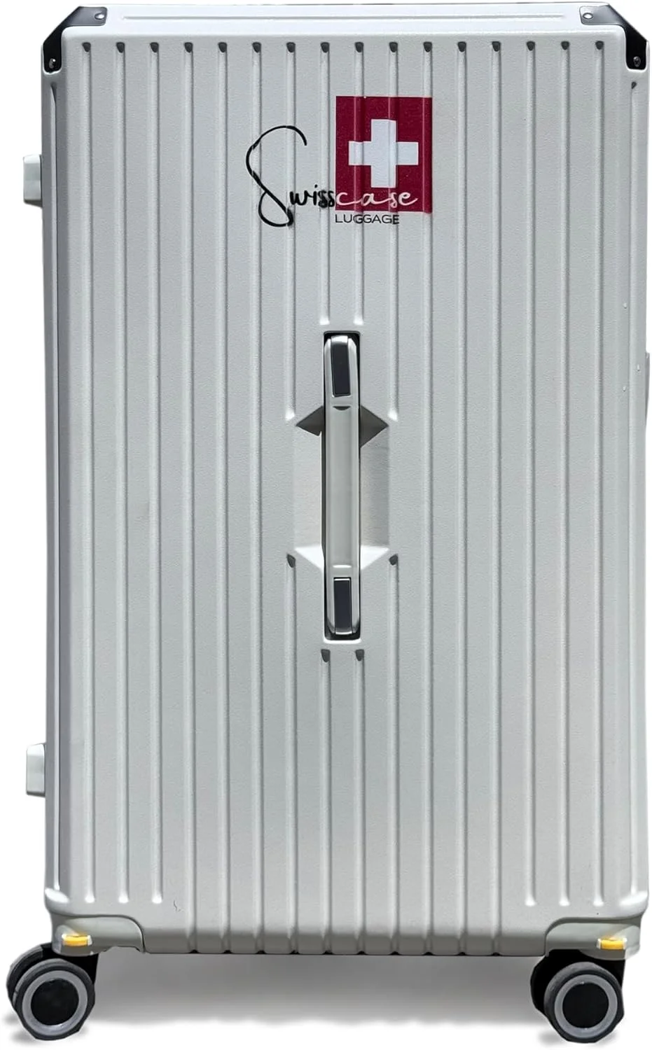 چمدان 28 اینچی هاردشل SWISSCASE، طرح راه راه مینیمال و شیک، جنس PC با چرخ های دوبل اسپینر، سبک وزن، مدل BTL-A001 سفید