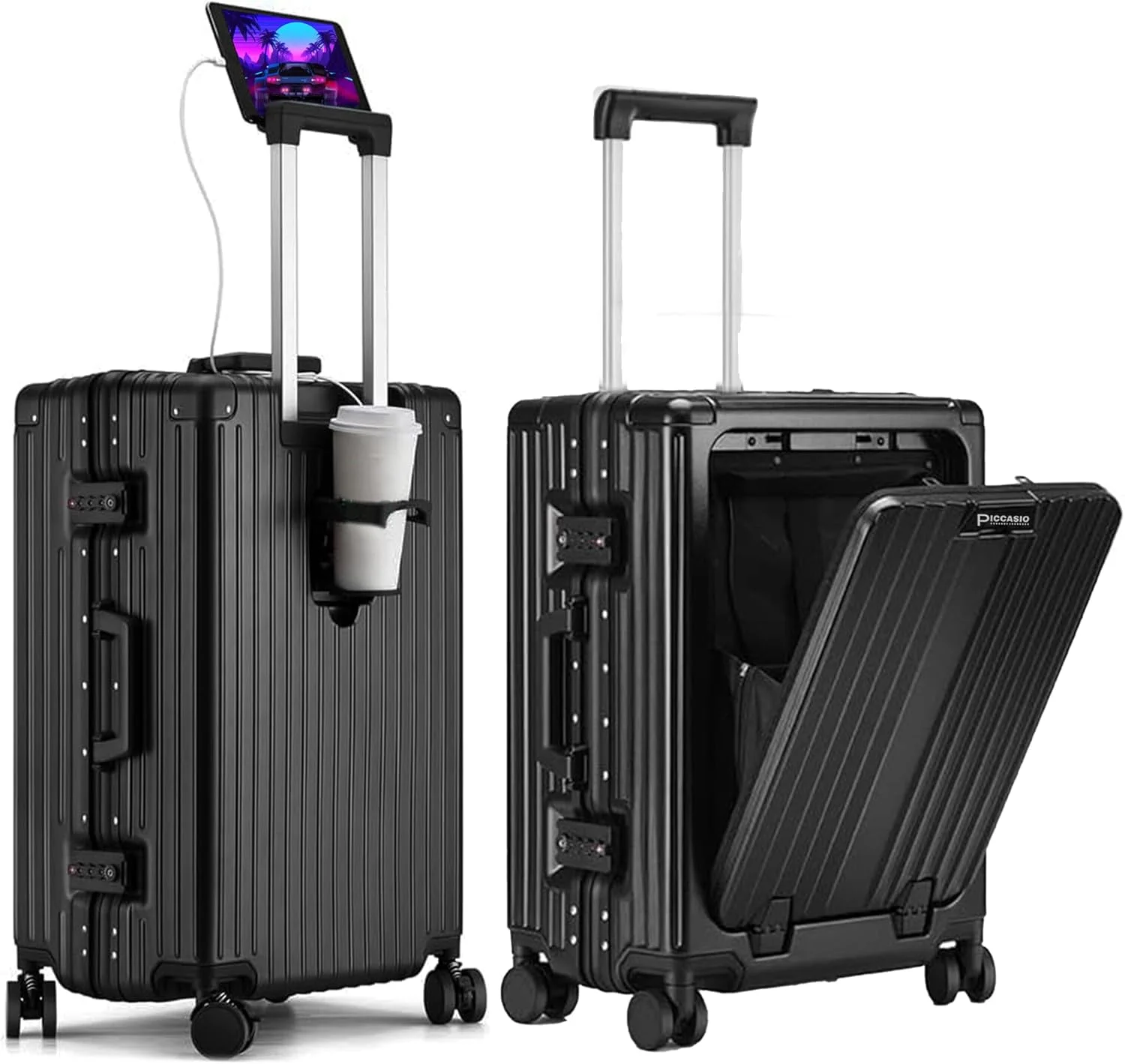 چمدان کابین با جیب جلویی لپ تاپ | مناسب لپ تاپ 15.6 اینچی | دارای پورت شارژ USB Type-C | دارای جای موبایل و قمقمه | دارای قلاب های جانبی | چمدان چرخ دار بادوام