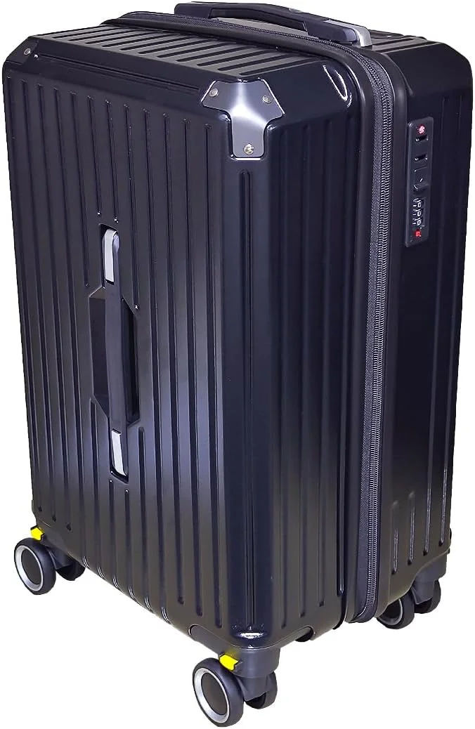 چمدان کابین سایز 20 اینچی SWISSCASE، بدنه سخت راه راه با طراحی مینیمال، چرخ های دوبل، سبک وزن، مدل BTL-A001 مشکی