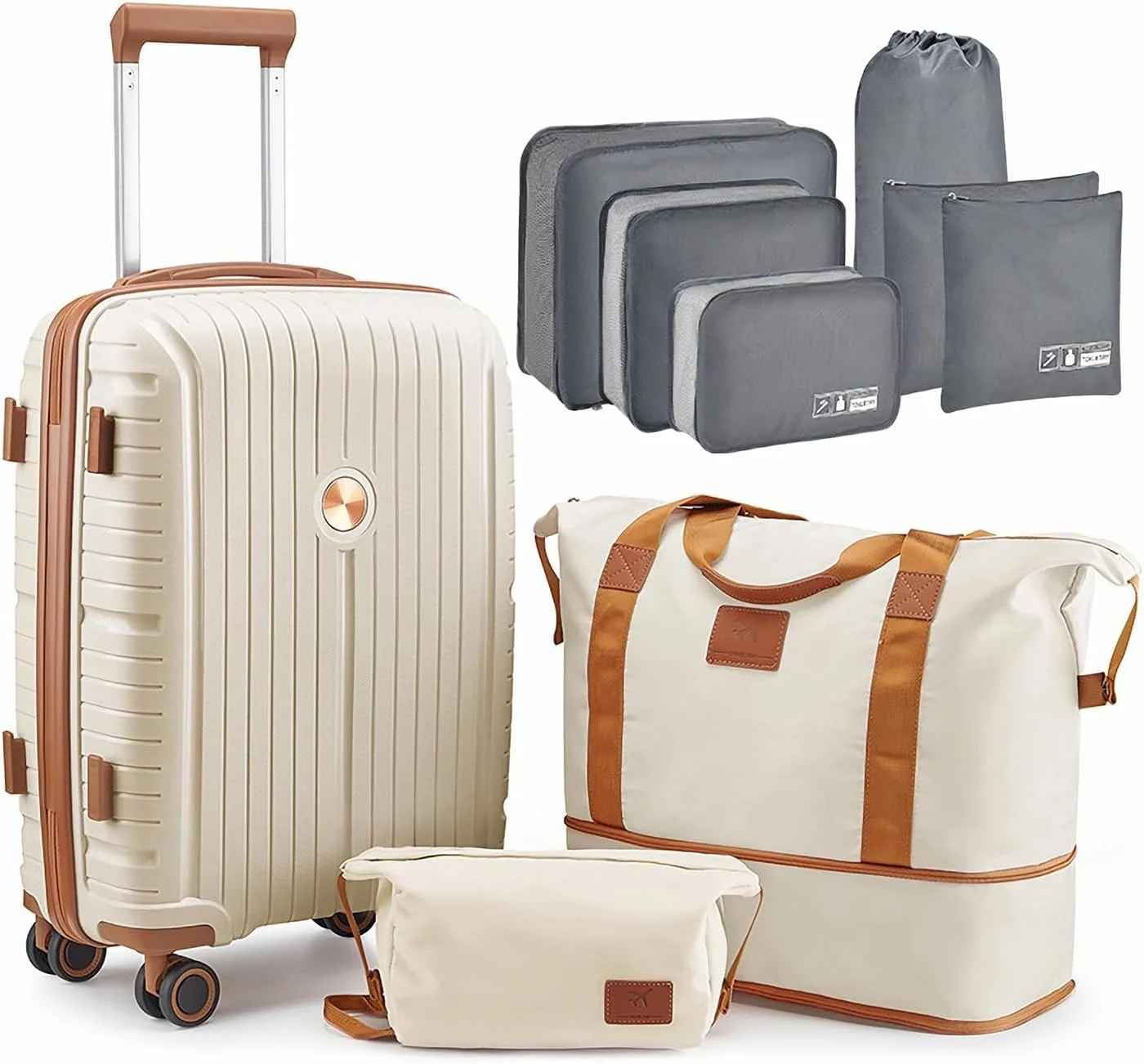 چمدان کابین سایز، چمدان 20 اینچی با چرخ های اسپینر، ست 3 تکه چمدان مسافرتی چرخ دار به همراه 6 عدد کیف بسته بندی (زردآلویی)